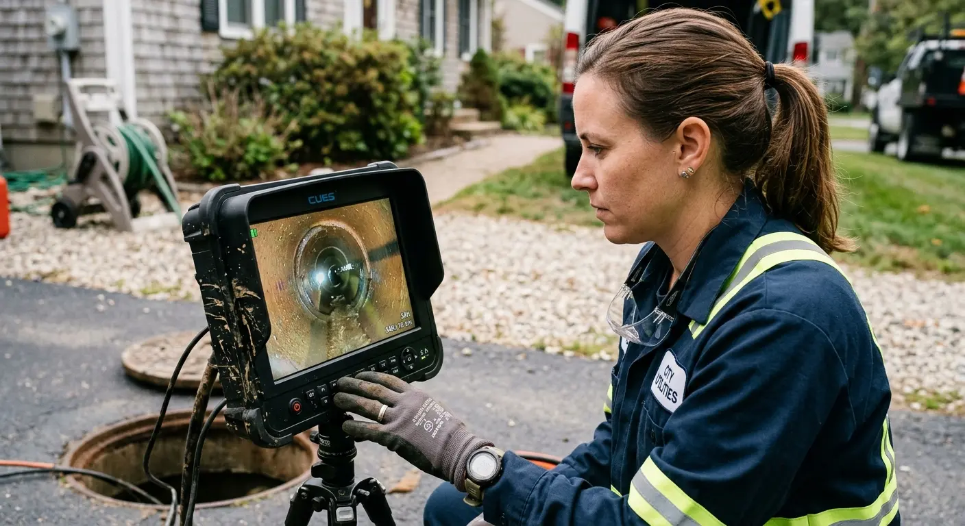 Technician reviewing sewer camera inspection footage in Fairview Park