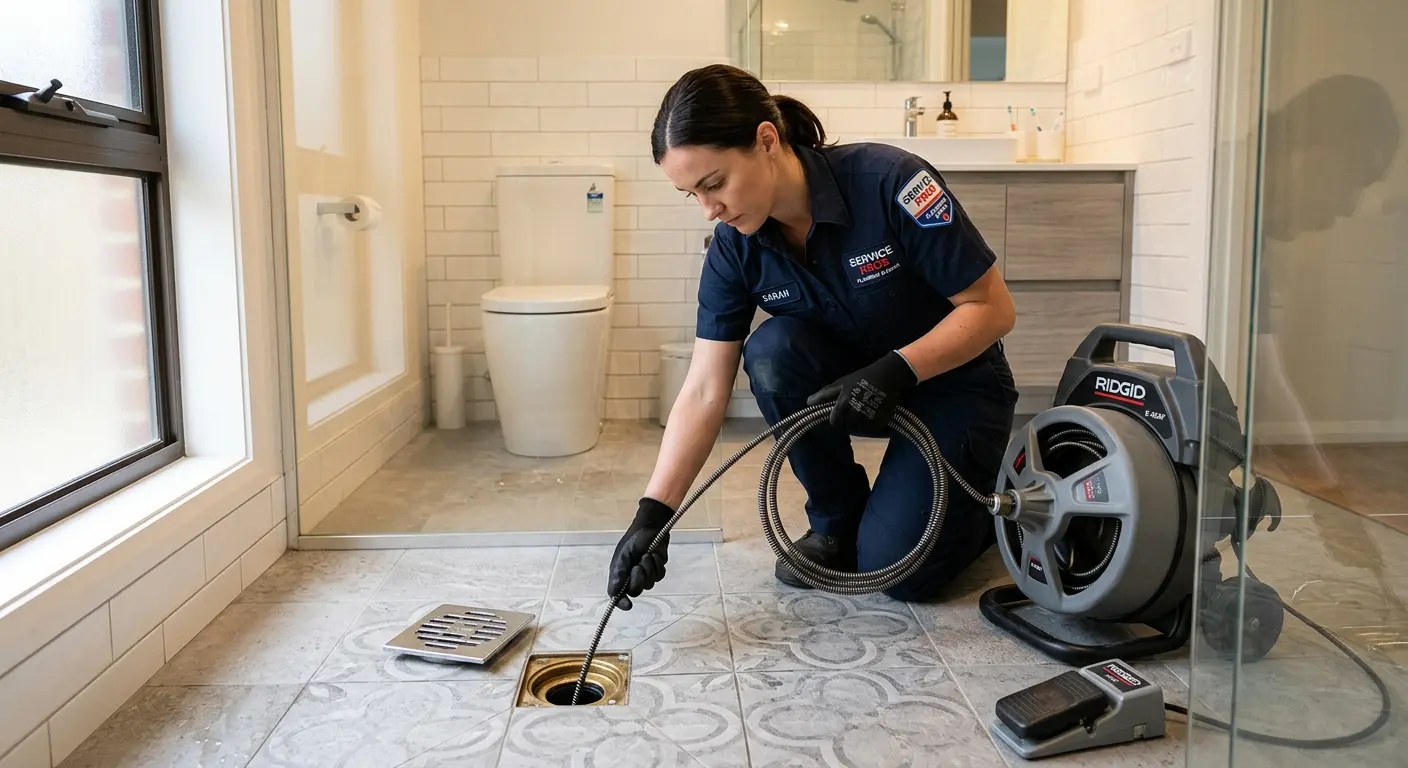 Technician clearing a bathroom floor drain for Drain Repair in Fairview Park